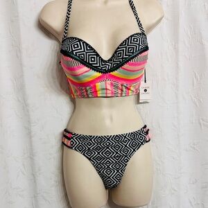 Shade & Shore NWT Black and Pink Bikini with Geometric Design 2 PCS -Top 38B -L